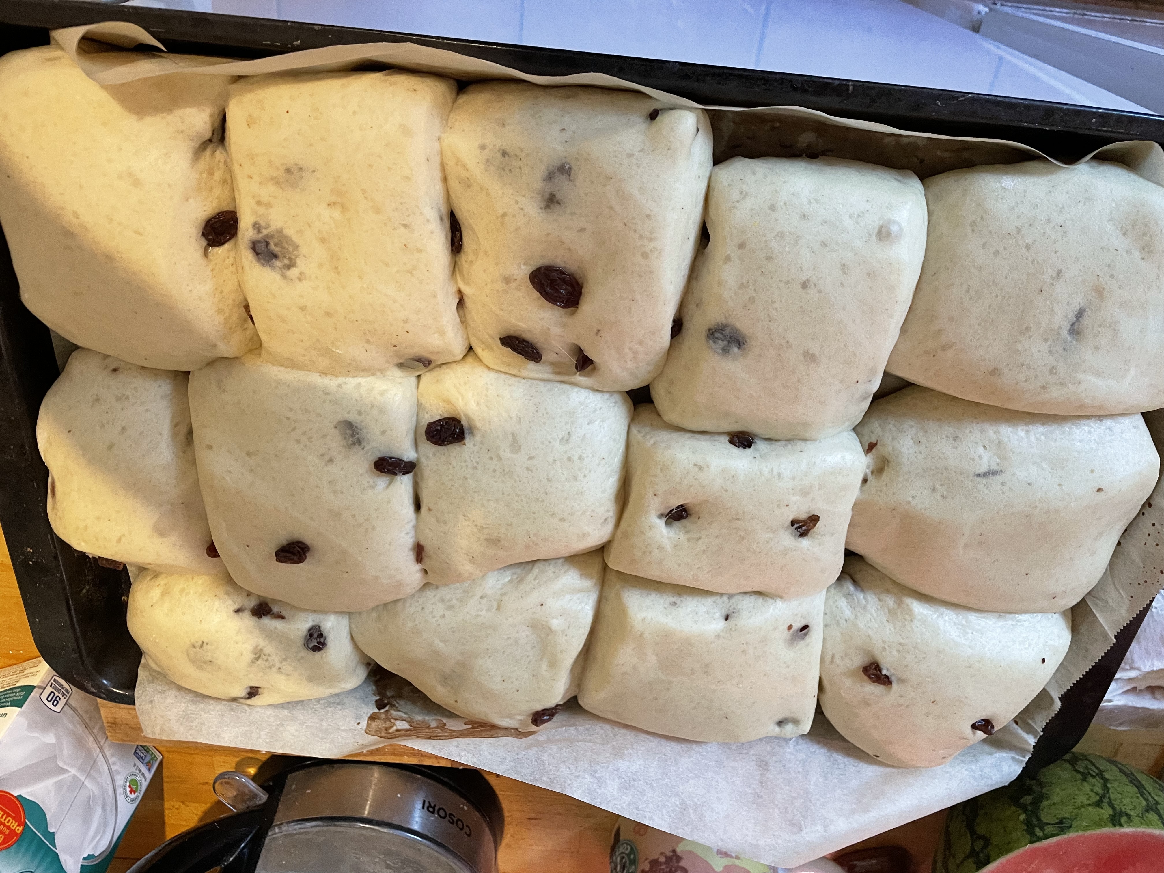 Risen rolls ready for final bake